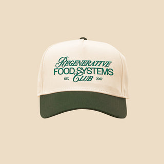 Front of Two Tone Hat with Regenerative Food Systems Club logo embroidered.