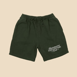Front of green Sweatshorts with Regenerative Food Systems Club embroidery on front left leg.