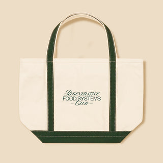 Two tone boat tote with Regenerative Food Systems Club logo on the side.