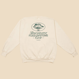 Back of cream-colored crewneck sweatshirt with Regenerative Food Systems Club logo in large print across the back.