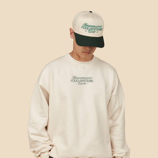 Person looking down wearing Regenerative Food Systems Club Two Tone Hat and Crewneck Sweatshirt.
