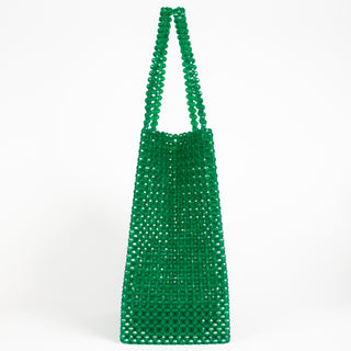 Side view of green Sweetgreen x Susan Alexandra beaded bag.