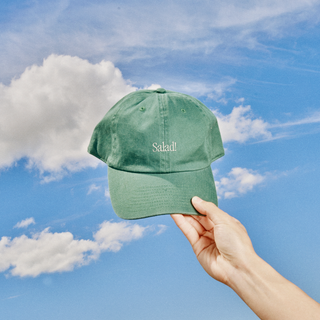 Person's hand holding the Salad! Collection baseball hat against a partially cloudy sky.