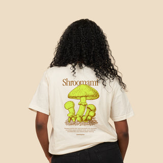 Back of person wearing tee with Shroomami graphic on the back.